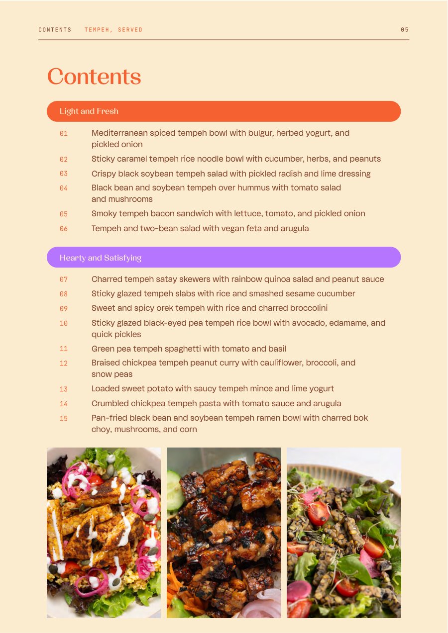 The contents page: fifteen recipes in two chapters, Light and Fresh and Hearty and Satisfying