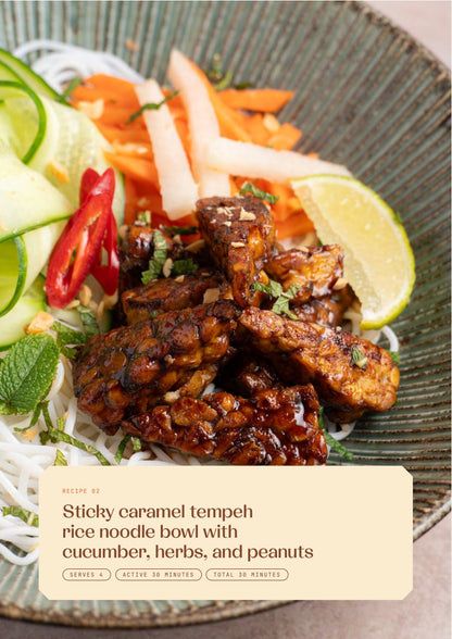Recipe page from the book: sticky caramel tempeh rice noodle bowl with cucumber, herbs, and peanuts