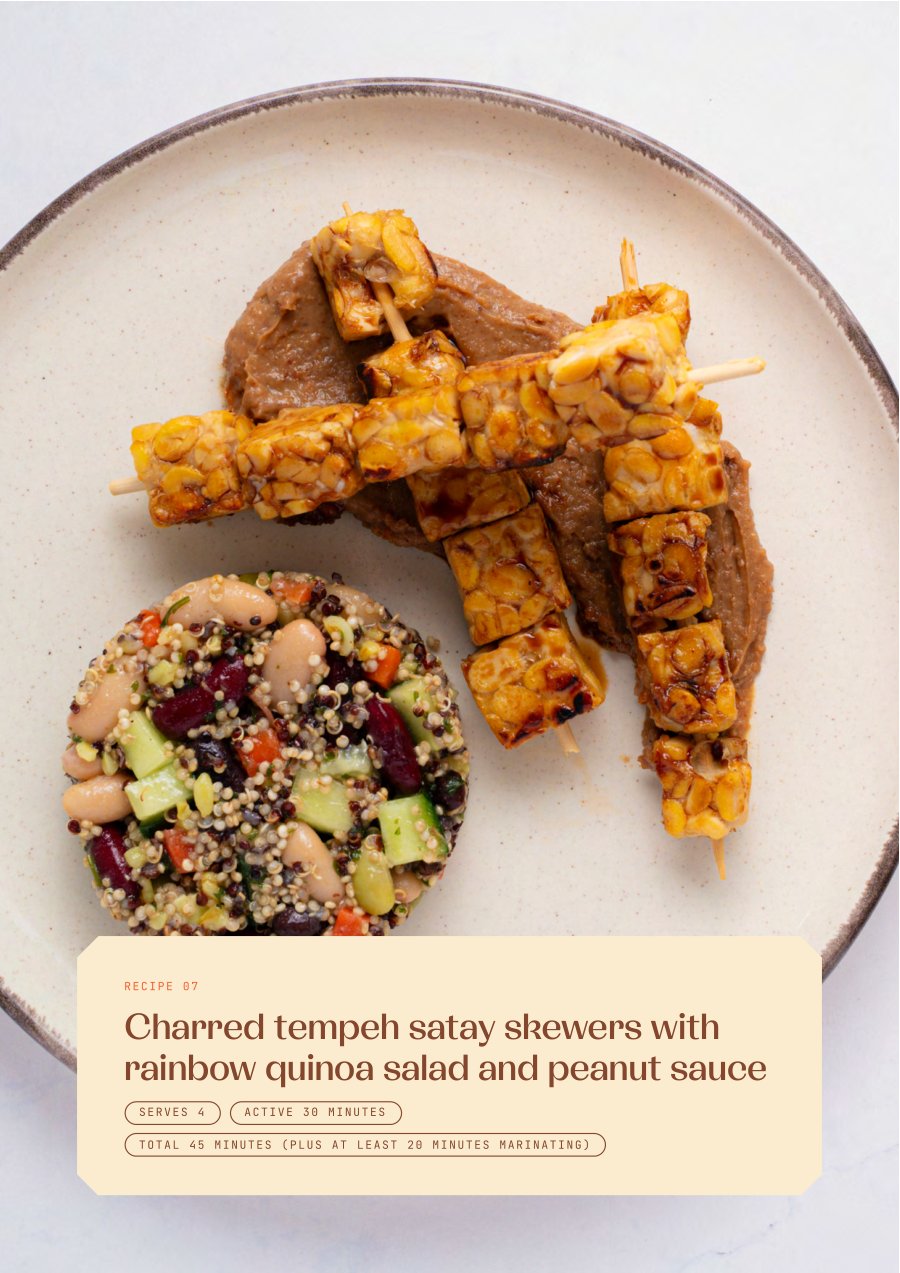 Recipe page from the book: charred tempeh satay skewers with rainbow quinoa salad and peanut sauce