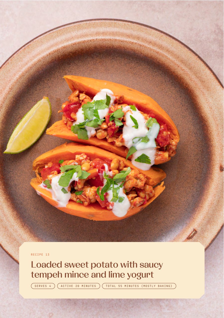 Recipe page from the book: loaded sweet potato with saucy tempeh mince and lime yogurt